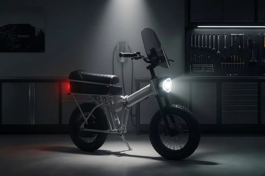 Puca folding electric motorcycle, head-on workshop view with headlight on